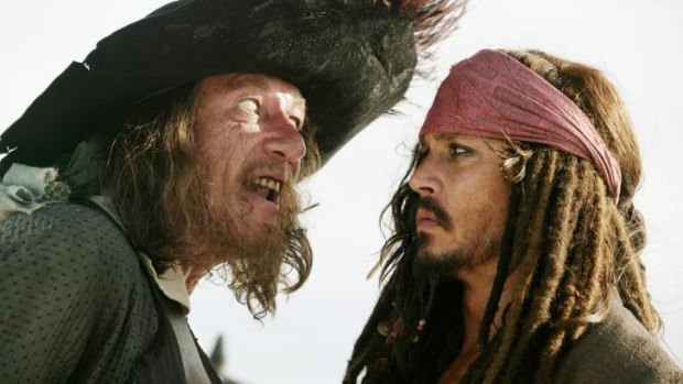 Geoffrey Rush and Johnny Depp in a scene from Pirates of the Caribbean At World's End. 