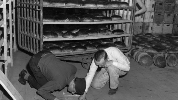 A 1946 photo of the hiding place where arsenic was found in a Nuremberg, Germany, bakery that supplied bread to Stalag 13. 