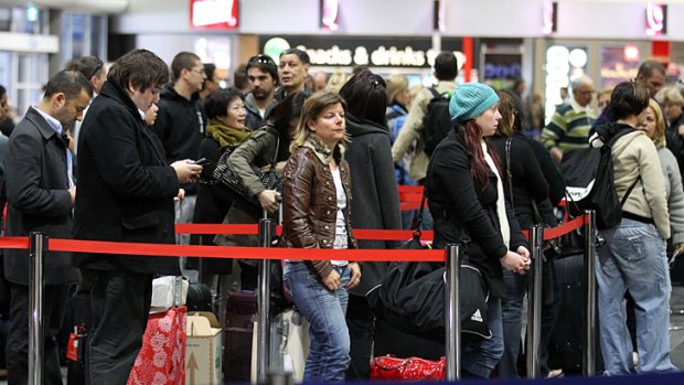 Going nowhere fast ... passengers in Perth faced delays yesterday due to the volcanic ash cloud.