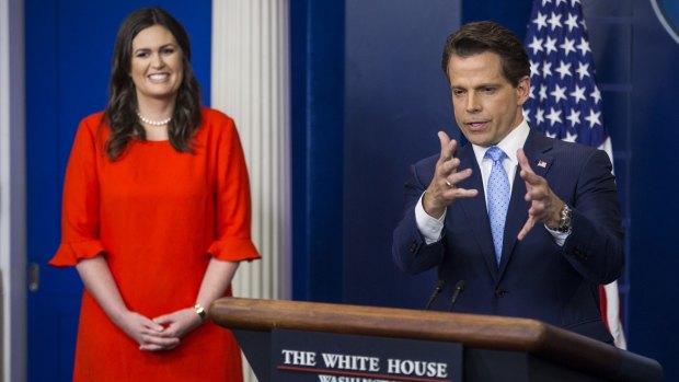 Anthony Scaramucci gives his first press conference as White House director of communications on Friday, flanked by new press secretary Sarah Huckabee Sanders.