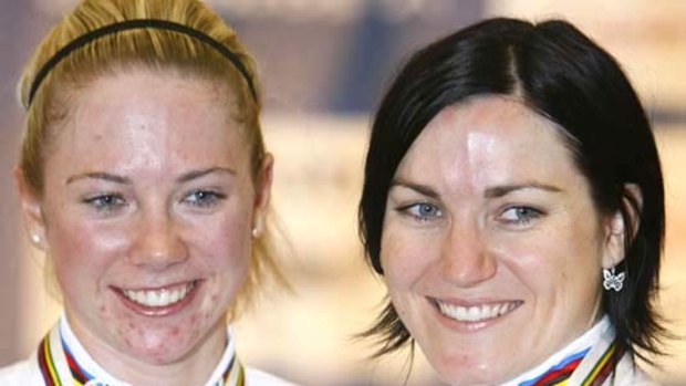Anna Meares, right, with Kaarle McCulloch. Meares will race in her pet event on the opening day of competition and rates McCulloch as was one of her chief rivals.