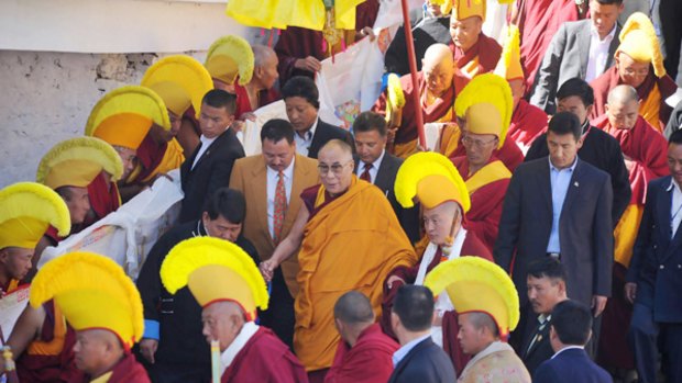 Blessed is he: The Dalai Lama arrives at one of Tibetan Buddhism's largest monasteries at Tawang in India's Arunachal Pradesh state.