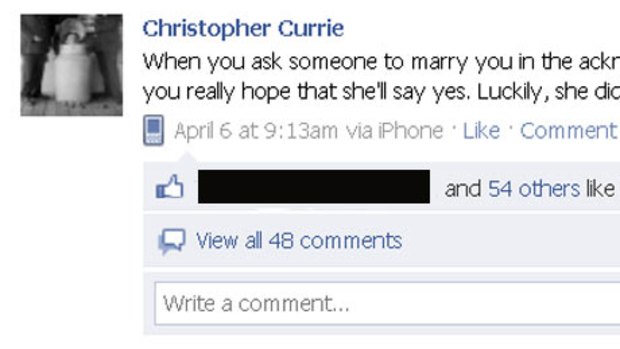 Christopher Currie takes to Facebook to announce Leesa Wockner accepted his unorthodox proposal.