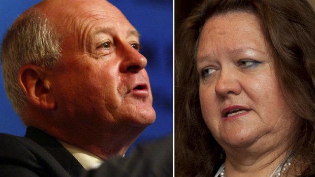 Face-off ... Gina Rinehart is expected to keep pushing for a board seat but Roger Corbett's supporters say he can be very stubborn. Photos: Louie Douvis; Claire Martin.