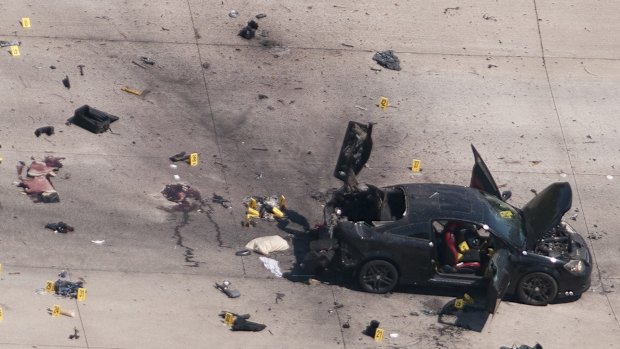 An aerial view shows the car that was used the previous night by two gunmen, who were killed by police.