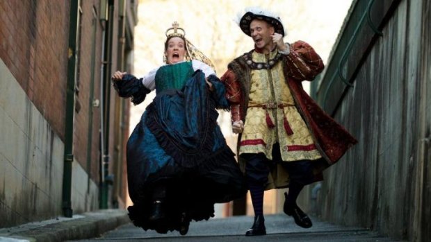 Performers Lauryn Redding as Queen Victoria and Neal Foster as King Henry VIII, royals running through The rocks.