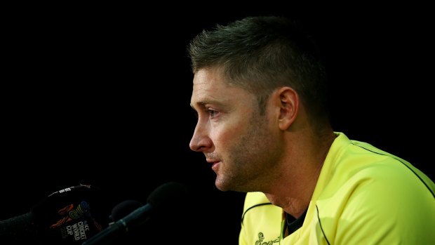 Michael Clarke looks on during the post-match media conference.