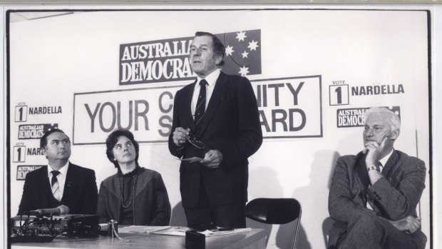 John Siddons at an Australian Democrats campaign launch for the province of Nunawading in the 1980s. From left are Democrat candidate, Michael Nardella, State President Janet Powell, Democrats leader Don Chipp and Senator John Siddons.