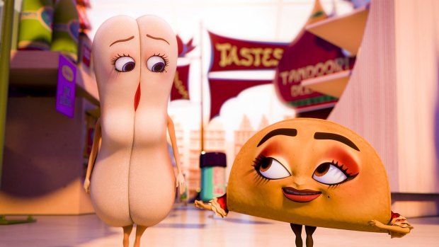 Hayek voiced Taco Teresa, right, alongside Hot dog bun Brenda (Kristen Wiig) in the film Sausage Party. 
