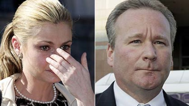 A tearful Erin Andrews after the sentencing and her stalker, David Barrett.