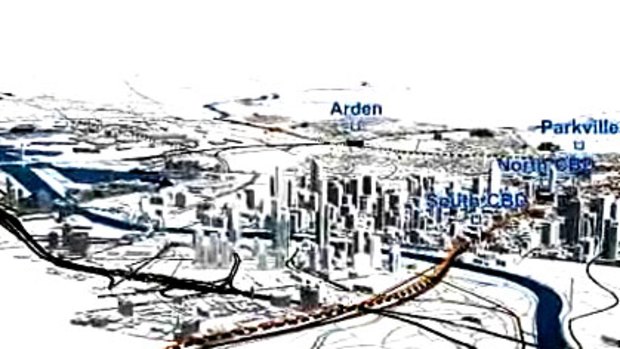 A screengrab showing the planned location of Melbourne's five new underground stations, Arden (North Melbourne), Parkville, North CBD, South CBD and Domain.