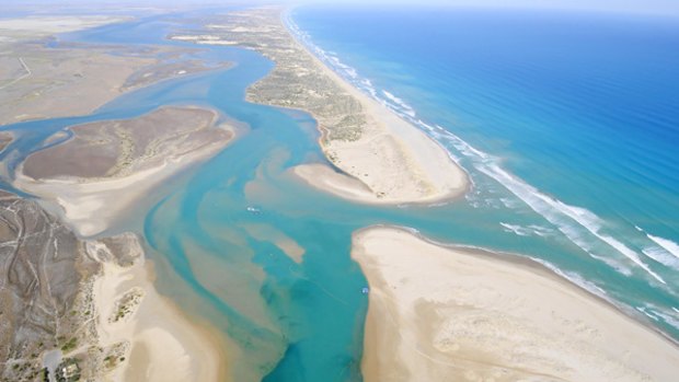 An aerial view of the Murray Mouth after a prolonged dry spell.