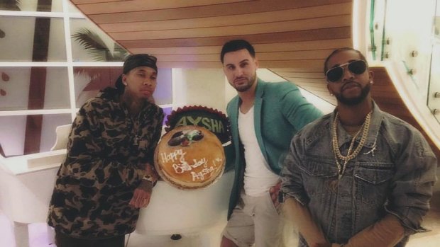 Salim Mehajer with American rapper Tyga and singer Omarion at his Lidcombe mansion.