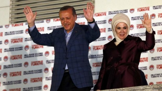 Recep Tayyip Erdogan and his wife Ermine as they celebrate his win.