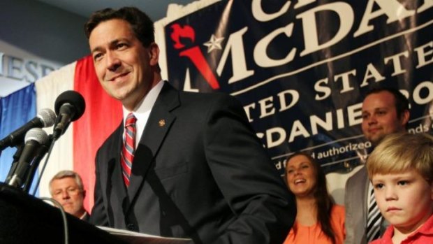 Not giving up: Chris McDaniel speaking to supporters after falling behind in the heated primary runoff election against US Senator Thad Cochran.
