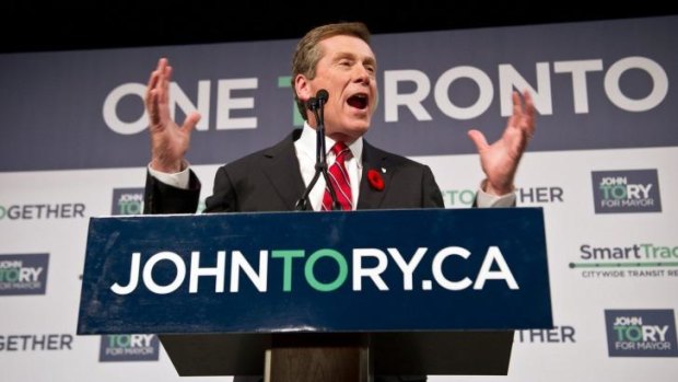 John Tory, mayor-elect of Toronto, delivers his victory speech at an election night party in Toronto.