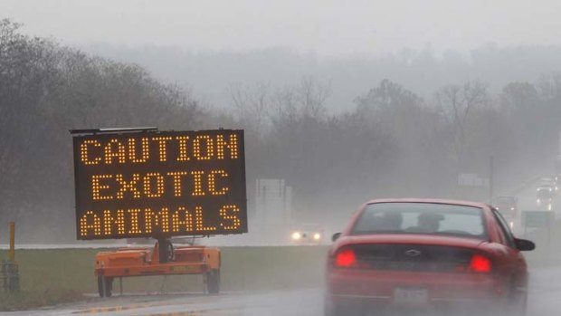 Caution ... a road sign in Ohio after wild animals were released from a farm.