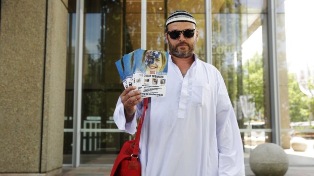 Nick Folkes leaves court dressed in mock Islamic outfit after appealing against a Federal Court injunction to stop the commemorations of the 2005 Cronulla race riots.