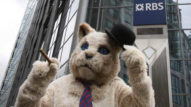 A protester outside the Bank of Scotland this week wears a fat-cat suit to highlight the issue of executive bonuses.