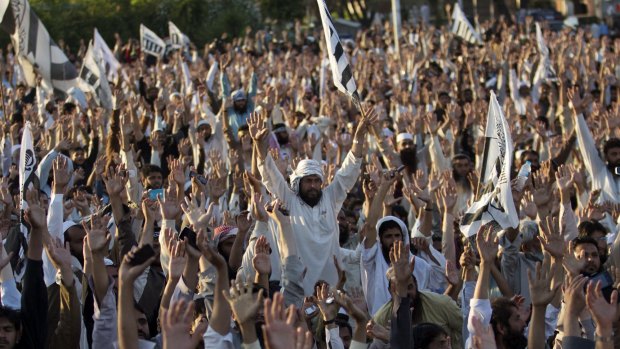 Supporters of Pakistani religious group Jamat ud Dawa chant slogans in favour of the Saudi Arabian government in Pakistan.