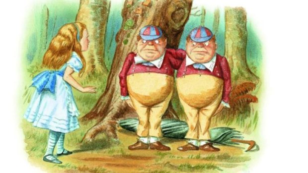 Alice meets Tweedle Dum and Tweedle Dee in  <i>The Complete Alice</i>. Illustrations coloured by Diz Wallis,  Macmillan Publishers Limited, 1995.