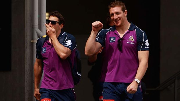 Finals bound: Melbourne's Billy Slater and Ryan Hoffman leave for Sydney yesterday.