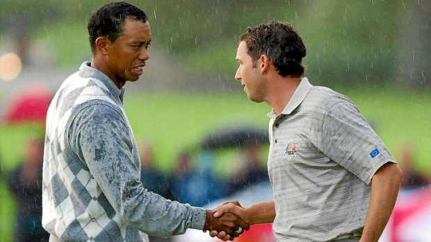 Frosty: The bad blood between Sergio Garcia and Tiger Woods, seen here at the 2006 Ryder Cup, dates from 2000 when the Spaniard did a victory jig after beating Woods.