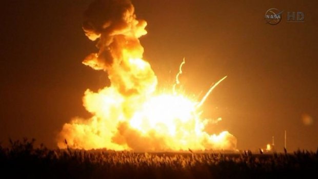 The unmanned rocket blowing up over the launch complex at Wallops Island, Virginia.