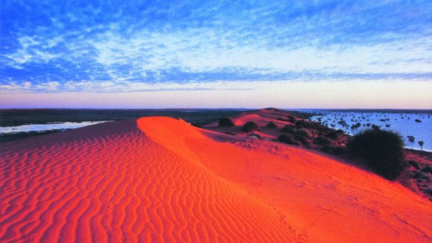 Unusual floodwater between dunes, seen from 'Big Red', the Simpson Desert's biggest dune.