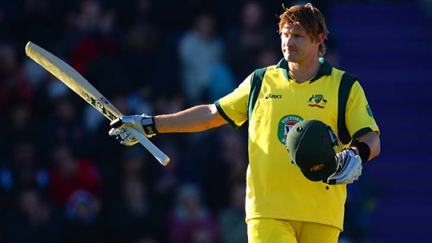 Take that: Shane Watson celebrates his century in the fifth match of the one-day series.