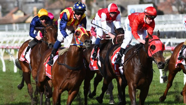 By a long neck: Mark Zahra riding Redzel, right, defeats Nicholas Hall riding Under the Louvre, second left, in race 5 of the Resimax Stakes at Caulfield Racecourse on Saturday, August 27.