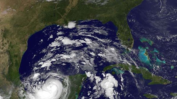 A satellite image of Hurricane Karl as it comes ashore on Mexico's Yucatan Peninsula.