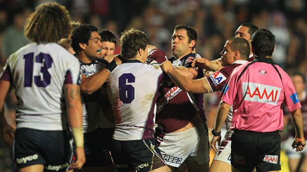 Brookvale Brawl ... 10 players from both Manly and Melbourne face the possibilty of multiple charges after Friday night's clash.