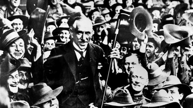 Prime Minister William Billy Hughes gets a wild welcome from Diggers during a visit to London in 1917.