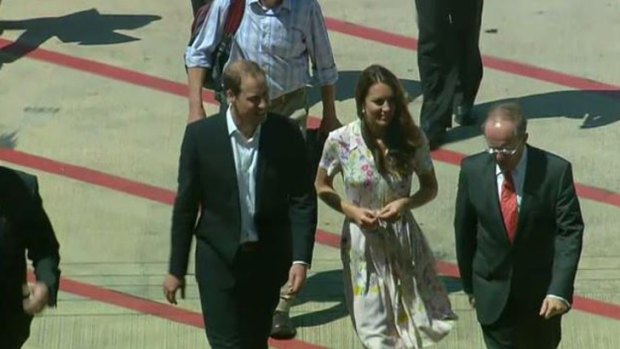 The Duke and Duchess on the tarmac at Brisbane International Airport early this afternoon.