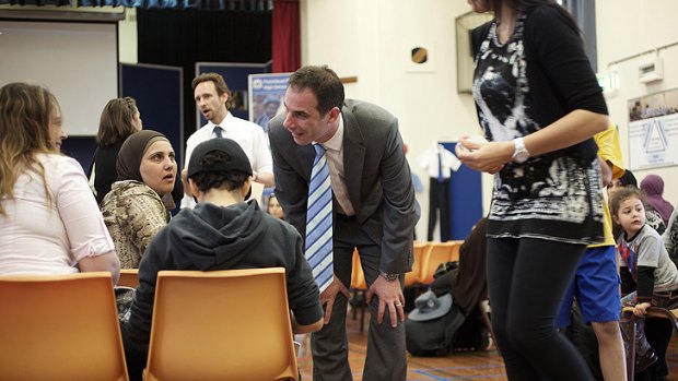 A class act ... Dib and deputy principal Chris Griffiths (in white shirt and tie) at an orientation day for year 7 students.