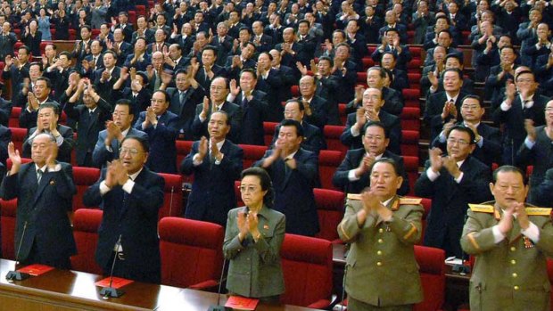 Happier times ... Kim Kyong Hui, sister of North Korean leader Kim Jong Il, claps at third from right, front row, at a Workers' Party representatives meeting in Pyongyang in 2010.
