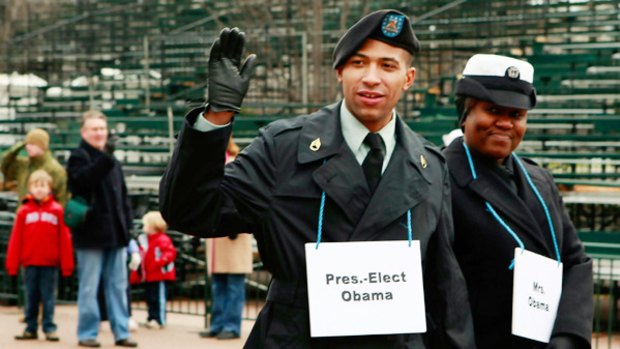 Staff Sergeant Derrick Brooks stands in for Barack Obama at an inauguration dress rehearsal.