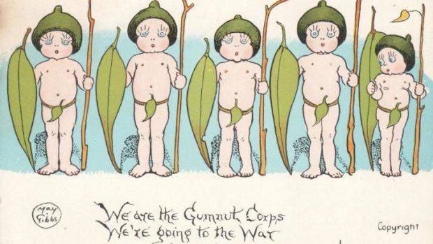 Gumnut Corp goes to war, postcard by May Gibbs for World War I, sent to troops overseas and by soldiers back home.