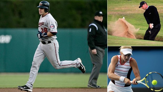 Luke Hughes rounds the bases after hitting a home run with his first Major League at-bat; a young Kim Felton blasts out of a bunker at the 2004 British Open; and a teenage Jessica Moore wins in the first round of the 2008 Australian Open.
