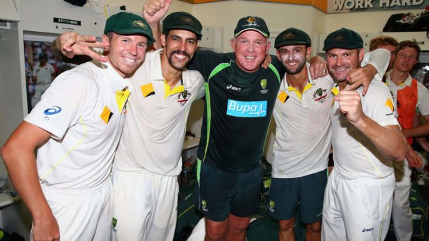 Winners' circle: Peter Siddle,  Mitchell Johnson, Craig McDermott, Nathan Lyon and Ryan Harris celebrate in the dressing rooms