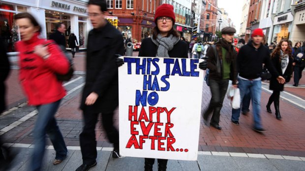 A protester makes her point after the collapse of Ireland's property boom.