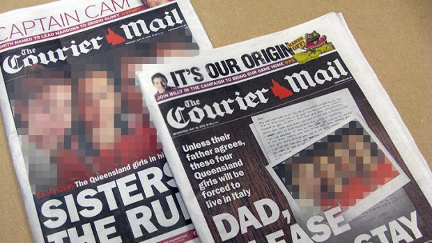 The Courier-Mail's coverage of the custody dispute on May 15 and 16. The girls' faces have been blurred by brisbanetimes.com.au.