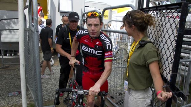 Australian cyclist Cadel Evans leaves the anti-doping control bus at the end of the third stage of the Tour de France.