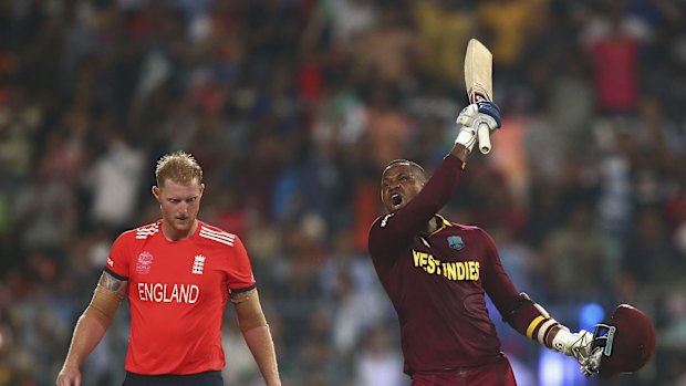 Send-off: Marlon Samuels celebrates after Carlos Brathwaite hit the second six of his four final-over slogs off the bowling of Ben Stokes.