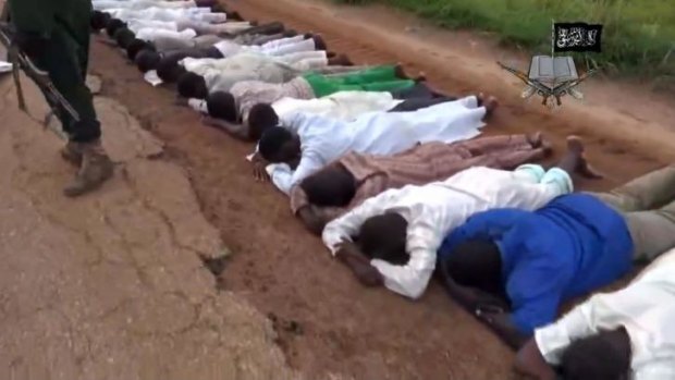 People reportedly lined up before being executed by members of the Nigerian Islamist extremist group Boko Haram.