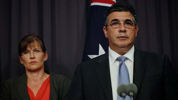 Andrew Demetriou and Minister for Sport, Senator Kate Lundy, at the ACC's media conference at Parliament House in February.