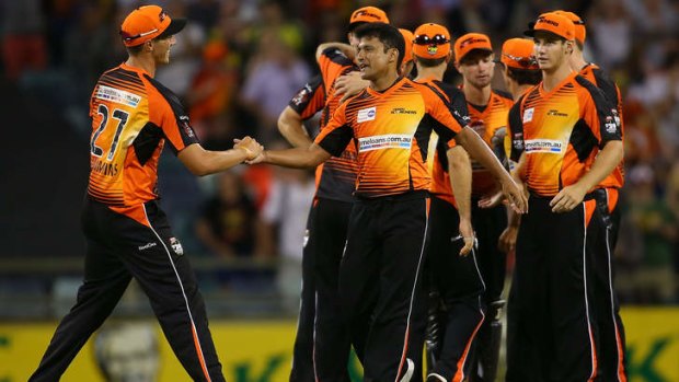Yasir Arafat of the Scorchers celebrate after winning the Big Bash League match between the Perth Scorchers and the Adelaide Strikers.