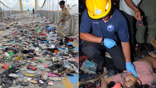 Left: Investigators examine shoes left on the Rainbow Bridge and right, an Australian firefighter checks for a pulse.