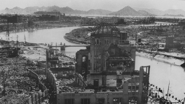 A photo dated September 1945 of the remains of the Prefectural Industry Promotion Building after the bombing of Hiroshima, which was later preserved as a monument.